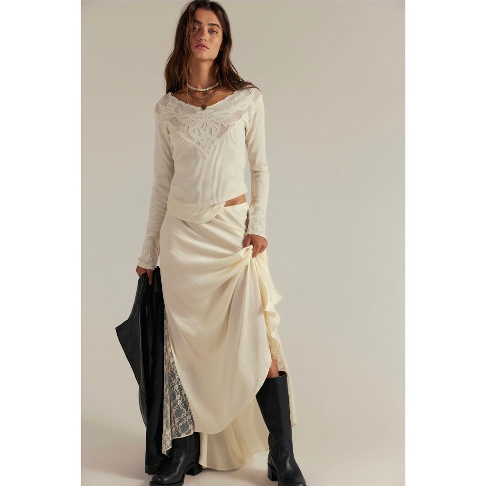 Free People Butterfly Cuff long sleeve thermal tee cream XL embroidered new nwt - Picture 3 of 11